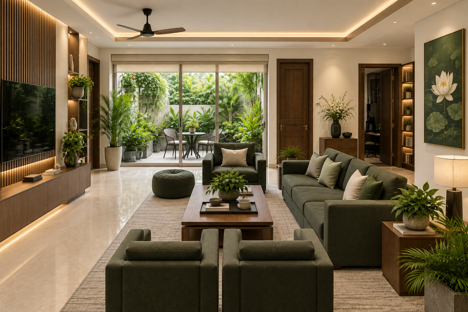 Living room with deep green sofas opening through full-height sliding glass onto a planted terrace