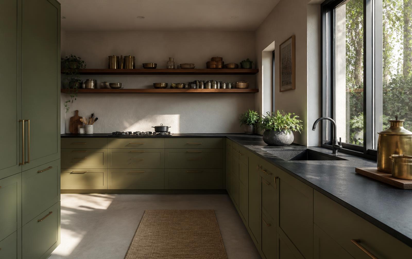 Kitchen with olive cabinetry, black stone counter and brass vessels